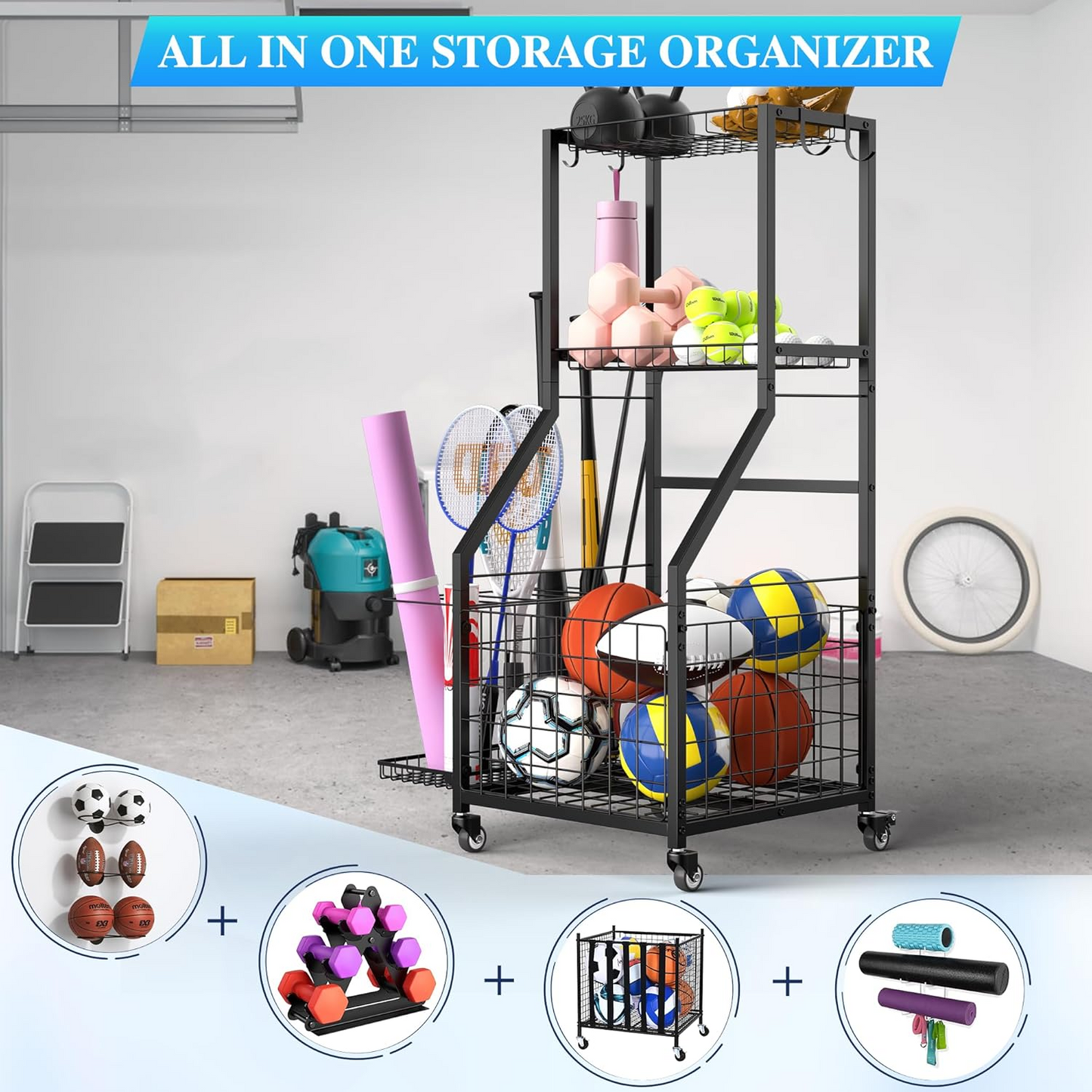 Sports Equipment Garage Organizer,Garage Ball Storage Rack for Sports