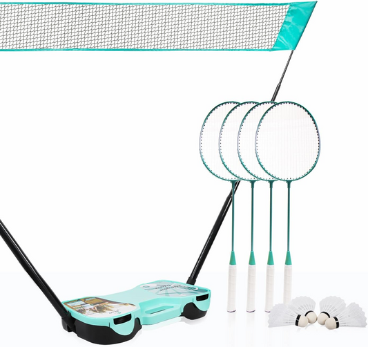 Badminton Set with Net, 4 Rackets, 4 Shuttlecocks, Portable Storage Box, for Backyards