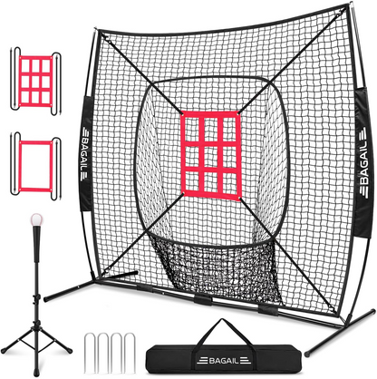 7x7 ft Baseball & Softball Training Net | Includes Batting Tee & 2 Strike Zones, Heavy Duty Frame