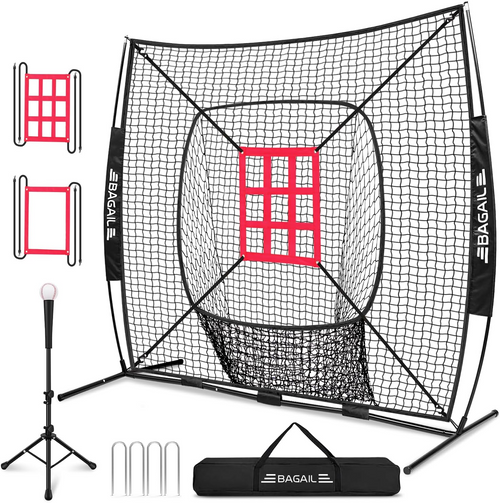 7x7 ft Baseball & Softball Training Net | Includes Batting Tee & 2 Strike Zones, Heavy Duty Frame