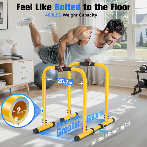 Adjustable Dip Bar Station, Heavy Duty Parallette & Parallel Bars, 400LBS Stable Dip Stands