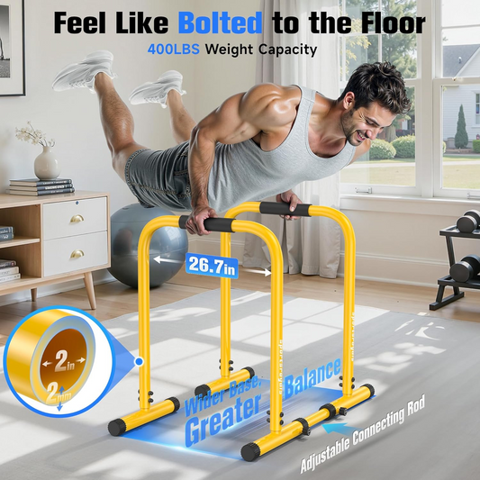 Adjustable Dip Bar Station, Heavy Duty Parallette & Parallel Bars, 400LBS Stable Dip Stands