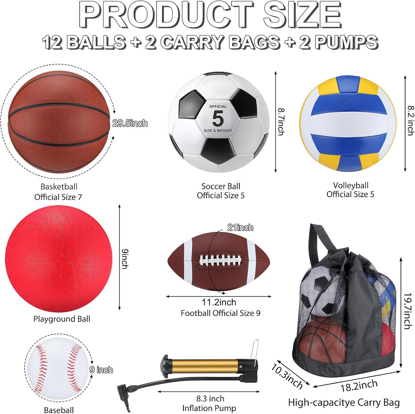 12 Pcs Assorted Sport Ball Set for Youth Adult Official Size Basketball Football Volleyball