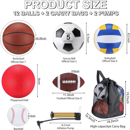 12 Pcs Assorted Sport Ball Set for Youth Adult Official Size Basketball Football Volleyball