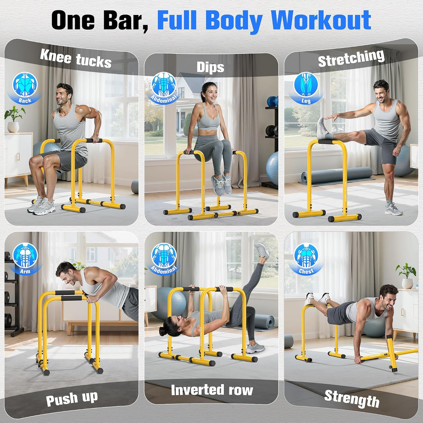 Adjustable Dip Bar Station, Heavy Duty Parallette & Parallel Bars, 400LBS Stable Dip Stands