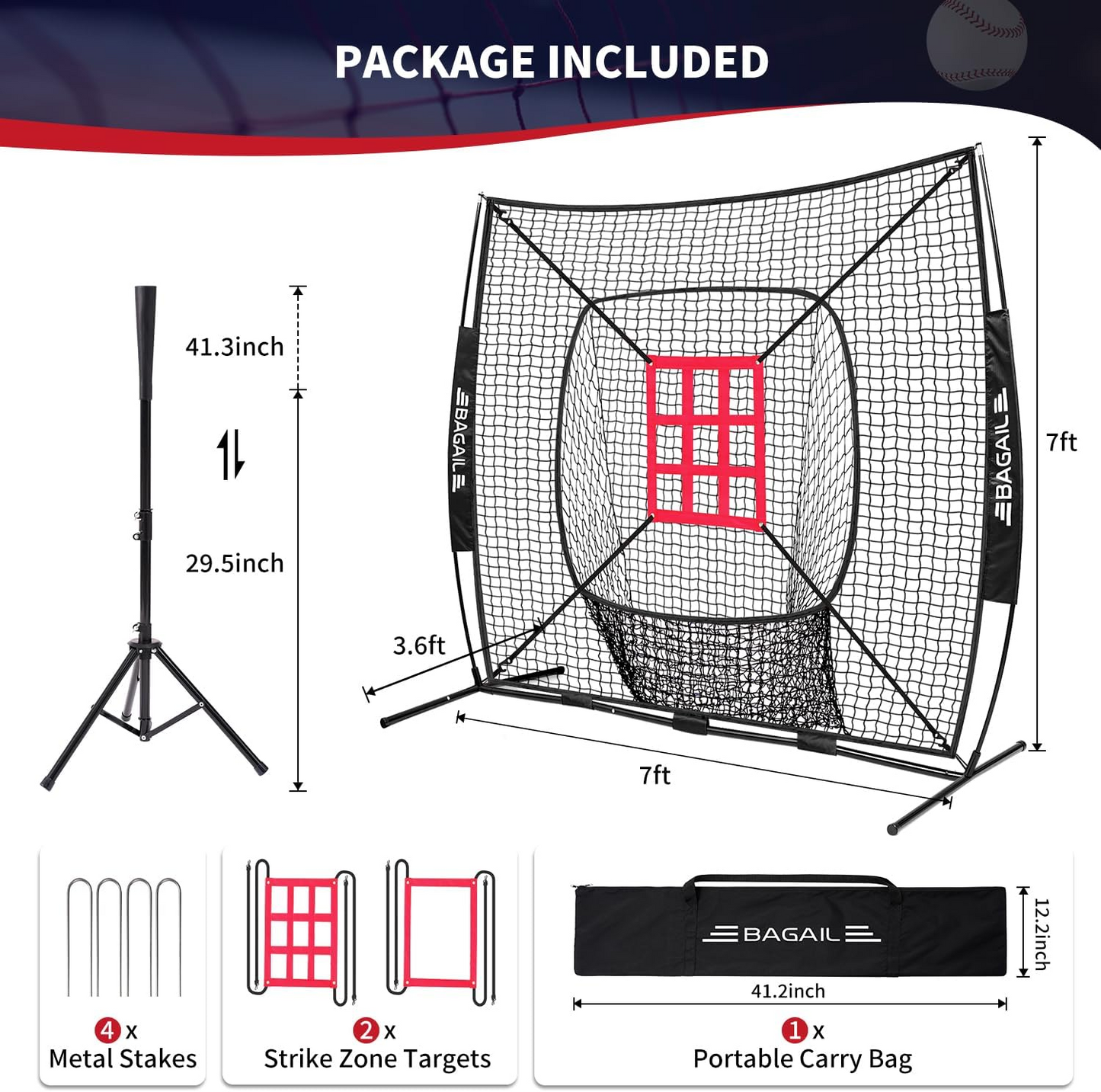 7x7 ft Baseball & Softball Training Net | Includes Batting Tee & 2 Strike Zones, Heavy Duty Frame